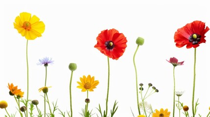 Fototapeta premium A Vibrant Collection Of Various Colorful Meadow Flowers Arranged on a White Background. Presenting unique shapes and colors, meticulously arranged to highlight their natural beauty.