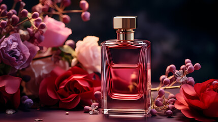 Bottle of perfume surrounded by flowers, product photography