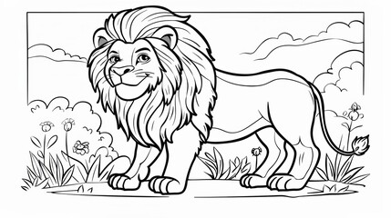 Animals (simple outlines): A coloring book page featuring a smiling lion outline