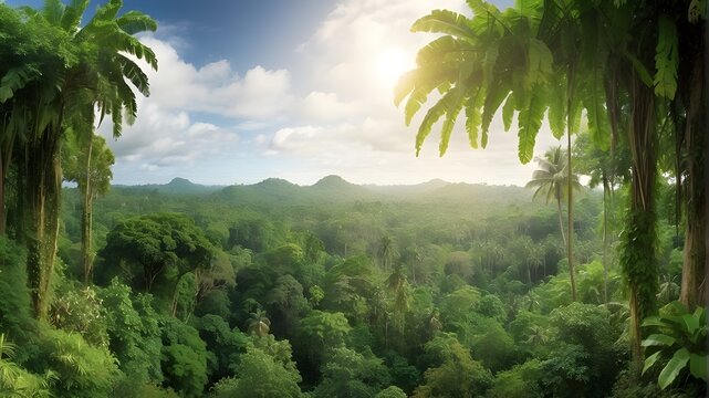 panoramic picture of the jungle in the tropics. A panoramic view of a tropical rain forest and lush vegetation
