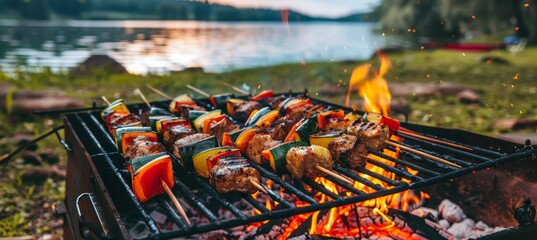 Close up of skewers with grilled meat and vegetables roasting over open flame at outdoor picnic