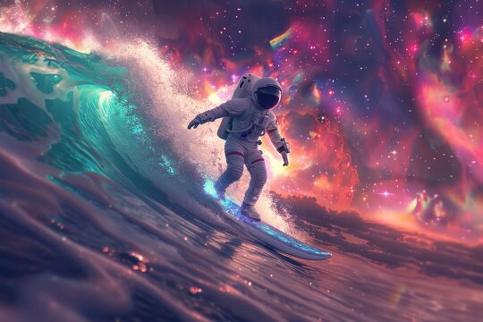 A man in a spacesuit is surfing on a wave in a colorful, surreal background