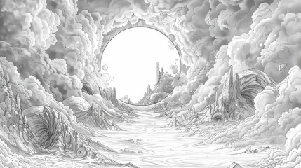Fototapeta premium Fantasy: A coloring book page depicting a magical portal to another realm