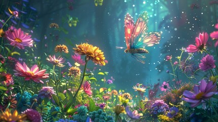 Fantasy: A coloring book page depicting a whimsical fairy flying among colorful flowers in a magical garden