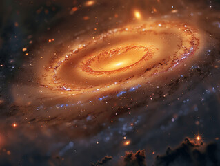 A spiral galaxy with a bright yellow center. The galaxy is filled with stars and dust, and the yellow center is surrounded by a blue and white halo. Concept of wonder and awe at the vastness