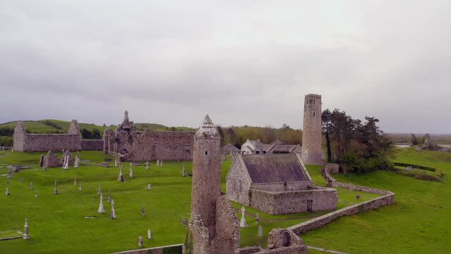 Ancient city of Clonmacnoise. Aerial parallax. River Shannon on background.