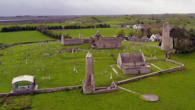 Calm aerial approaches Clonmacnoise settlement. Built in the 6th Century