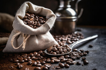 Coffee beans are scattered and in a fabric bag - Powered by Adobe