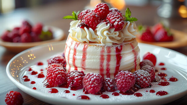 Cupcake with pink frosting and fresh raspberries on a red background