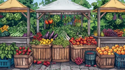 Fototapeta na wymiar Food: A coloring book page depicting a farmers' market scene with stalls selling fruits