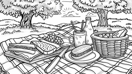Food: A coloring book page depicting a picnic scene with sandwiches, fruits, and drinks