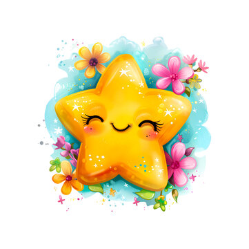 Cute kawaii star with flowers PNG clipart star illustration 
