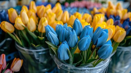 Bouquet of blue and yellow tulips in a plastic bag, selling flowers on the street. Buying flowers in the spring for the holiday. Tulips of different colors in a bucket for sale at a flower shop.