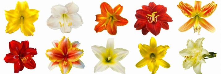 Obraz premium A Vibrant Collection Of Various Colorful Meadow Flowers Arranged on a White Background. Presenting unique shapes and colors, meticulously arranged to highlight their natural beauty.