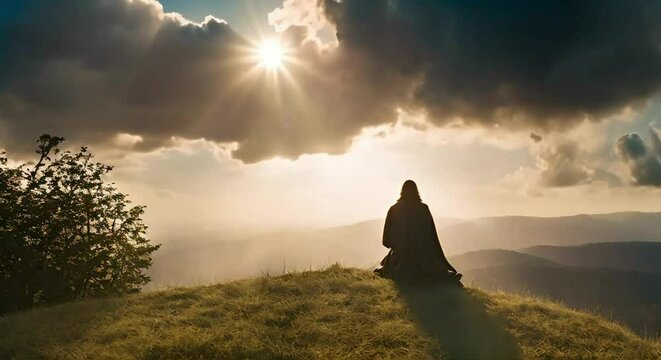 Silhouette of Jesus Praying on Hill Crest: Sun Rays and Mystic Clouds Create a Reverent Backdrop