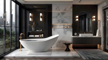 A luxury bathroom with a standalone tub and a spacious walk-in tiled shower.