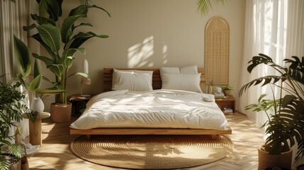 Cozy bedroom with white pillows on a wooden bed, minimalist decor, lush plants, and a circular rug.