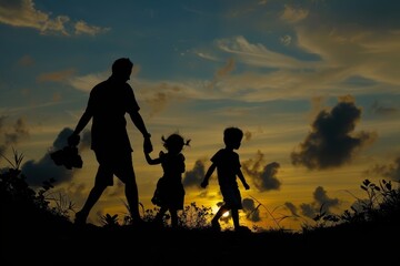 Obraz premium Silhouettes of a family on a trip, bonding under sunset