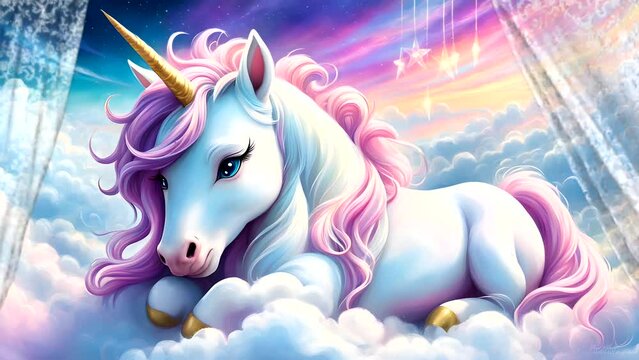 Unicorn on clouds. Mythical creature in a dreamy sky.