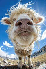 Fototapeta premium A close up of a sheep with a big nose and a fluffy mane