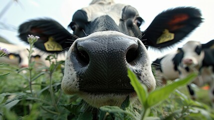 Obraz premium A cow with a tag on its nose is eating grass