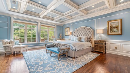 Exquisite master bedroom adorned in a serene light blue hue, featuring floor-to-ceiling wainscoting, freshly painted walls, intricate crown and base moldings, gleaming hardwood floors, and an elegant 