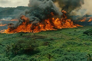 Wildforest fire burning forest trees eecological disaster smoke aerial view from helicopter danger death animals damage hazard blaze pollution tragedy