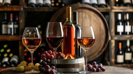Fototapeta na wymiar Glasses and bottles of different wine near wooden barrel on table. 