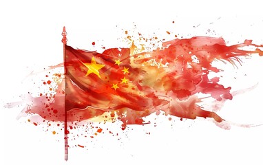 chinese flag flying in watercolor style. isolated on white background.