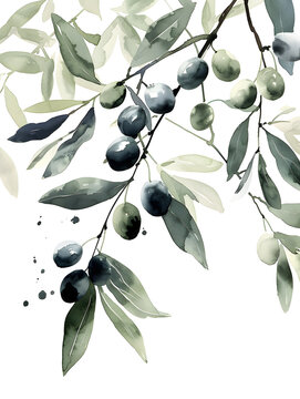 A watercolor painting depicting olives hanging from a tree branch