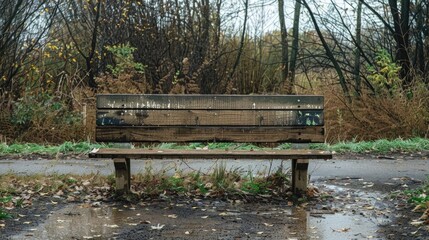 Bench dampened by rain rests on the roadside
