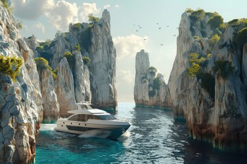 Fototapeta premium White sightseeing boat plows behind the rock. Pleasure boat cruising between the rocks. Vacation on tropical islands
