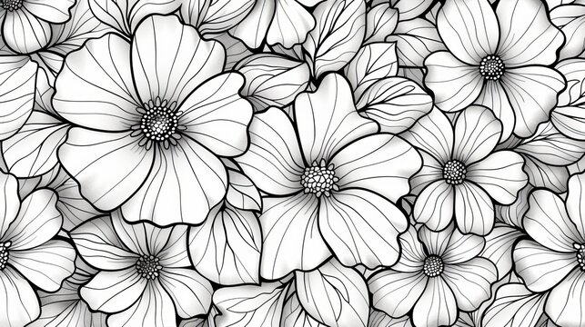 Patterns (seamless): A coloring book page featuring a seamless pattern of flowers