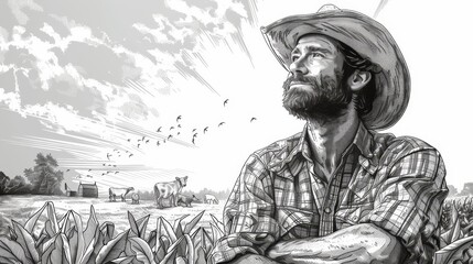 People: A coloring book illustration of a farmer working in a field, with crops and farm animals - obrazy, fototapety, plakaty