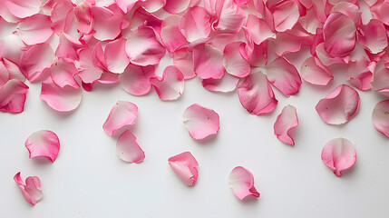 Obraz premium Pink petals of tulips or roses flowers top view isolated on a white background