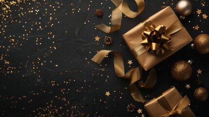 Holiday gift box or present with ribbon, golden confetti and gold baubles on black background. Magic christmas greeting card. Christmas Decoration. 