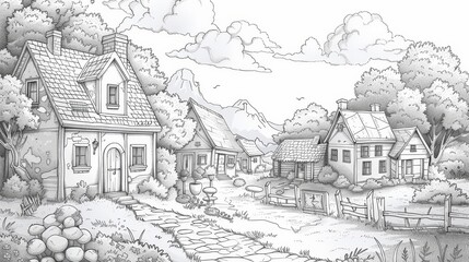 Place: A charming coloring book illustration of a quaint village, with cozy cottages - obrazy, fototapety, plakaty