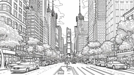 Place: A coloring book page featuring a bustling cityscape with skyscrapers - obrazy, fototapety, plakaty