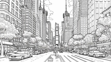 Place: A coloring book page featuring a bustling cityscape with skyscrapers