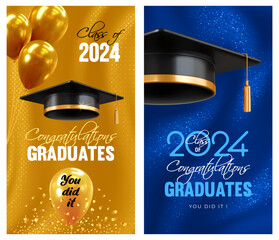 Invitation and congratulations graduates banners, graduate ceremony. Greeting cards with 3d black academic caps and golden balloons on gold and blue background with sparkles. Vector illustration