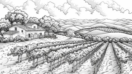 Place: A picturesque coloring book illustration of a vineyard