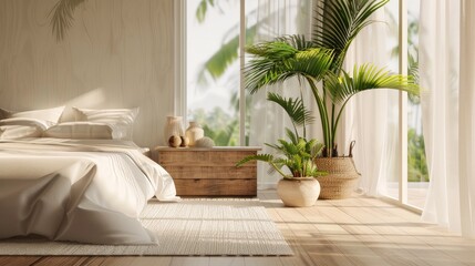 Modern hotel bedroom with a white theme. It features a bed, a drawer with decorations, and a plant on a hardwood floor. The room has a relaxing atmosphere and a panoramic window with a view of the tro