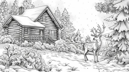 Seasons: A coloring book illustration of a cozy cabin in a snowy forest