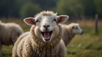 Cute Sheep Is Laughing Loudly Outdoor.generative.ai