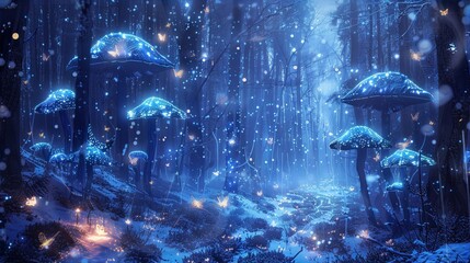 Glowing blue mushrooms and fireflies in a snowy forest at night, with a path leading into the distance.