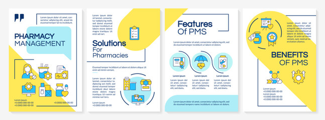 PMS system benefits brochure template. Patient needs, medicine dosage. Leaflet design with linear icons. Editable 4 vector layouts for presentation, annual reports. Questrial, Lato-Regular fonts used