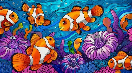 Fototapeta na wymiar Underwater: A coloring book page depicting a school of clownfish swimming around a waving sea anemone
