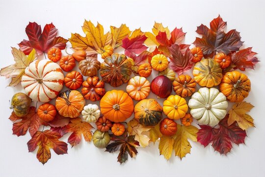 Colorful pumpkins and autumn leaves convey the feeling of fall.