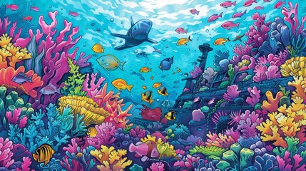 Fototapeta na wymiar Underwater: A coloring book page featuring an array of exotic fish swimming around a sunken shipwreck