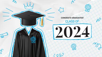 Greeting banner of graduation 2024. Vector collage with graduation cap and gown on torn notebook leaf and crumpled paper. Graduation collage for decoration social media, poster, degree ceremony. - obrazy, fototapety, plakaty